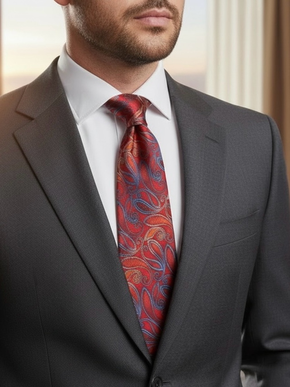 Paul Malone Silk Paisley Red Blue Tie Men’s Necktie